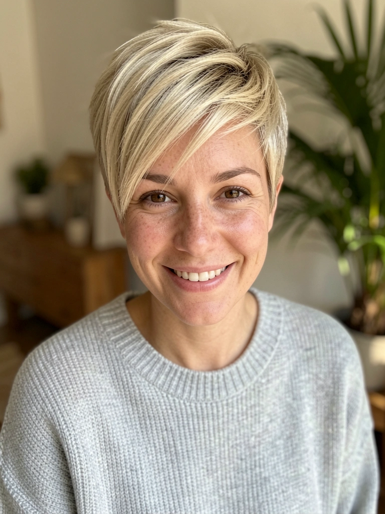 Luz natural suave destaca sorriso radiante de mulher com cabelo loiro curto e texturizado, suéter cinza claro e fundo desfocado com planta tropical.