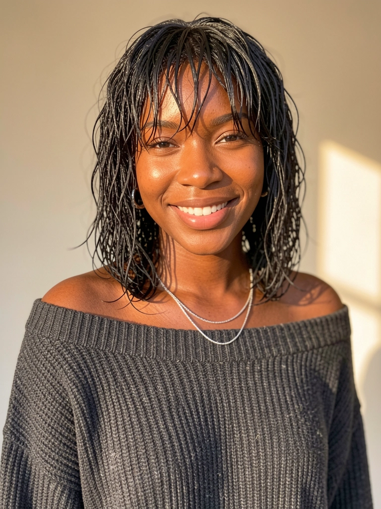 Mulher negra com cabelo cacheado curto e franja texturizada, suéter cinza oversized e sorriso natural sob luz difusa.