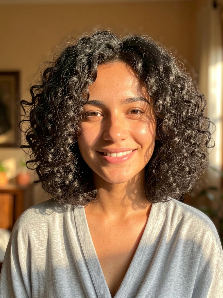 Jovem com cabelo cacheado preto em corte blunt, sorriso genuíno e luz solar suave entrando por janela, fundo interno desfocado.