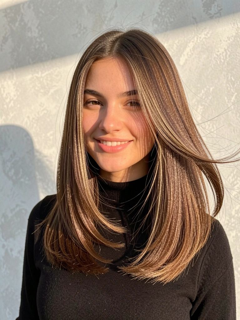 Mulher de cabelo castanho em corte bob com camadas longas, destes sutis e textura difusa, usando gola alta preta, iluminada por luz natural suave contra parede cinza clara.