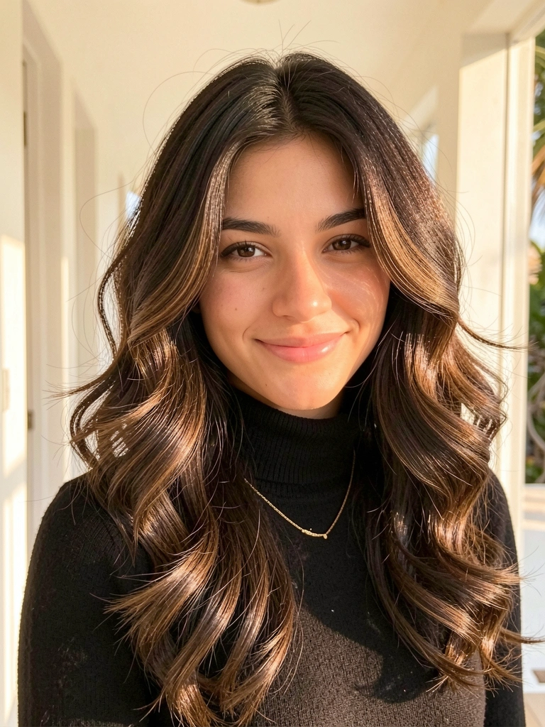 Jovem com cabelo castanho escuro e ondas suaves, blusa preta de gola alta e colar dourado, sorriso espontâneo sob luz quente e difusa.