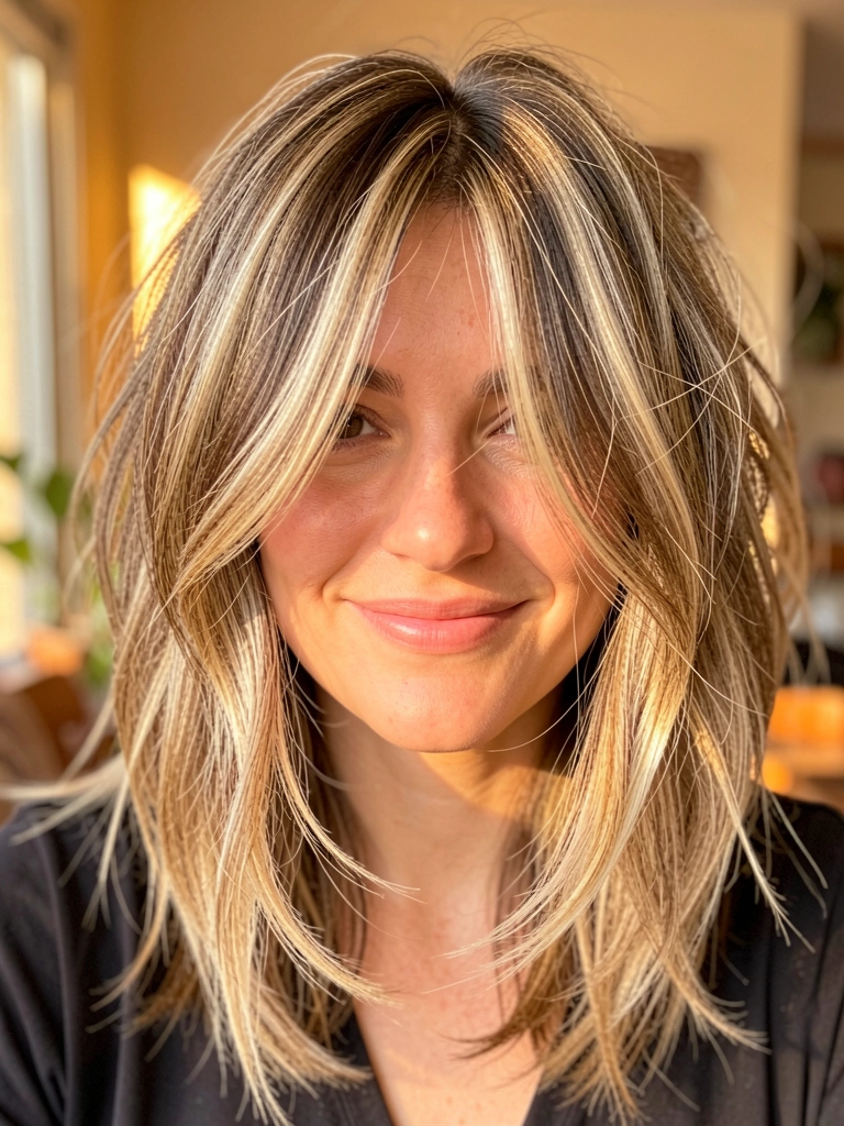 Luz quente incide sobre cabelo loiro e castanho com balayage, ondas soltas e sorriso natural em ambiente interno desfocado.