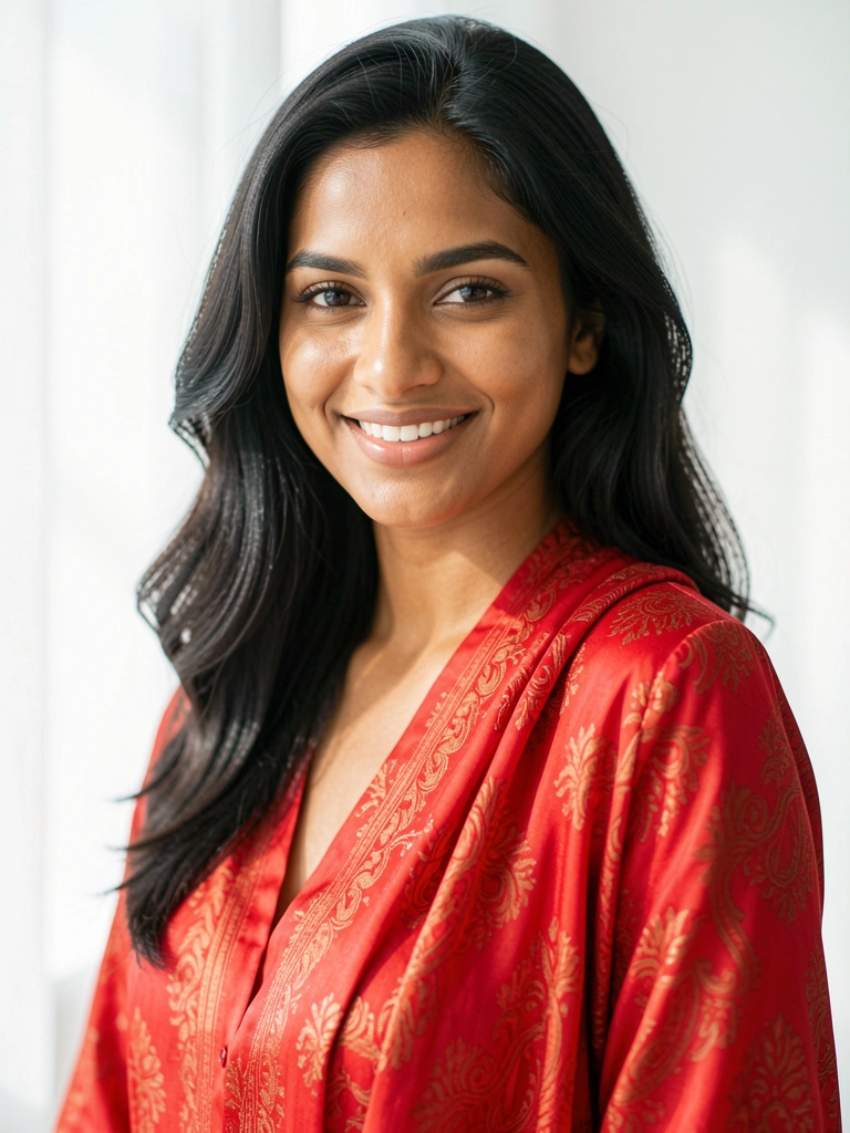 Jovem de cabelos escuros e pele morena, sorrindo, com blusa de seda vermelha estampada, iluminação suave destacando textura do tecido e detalhes faciais.