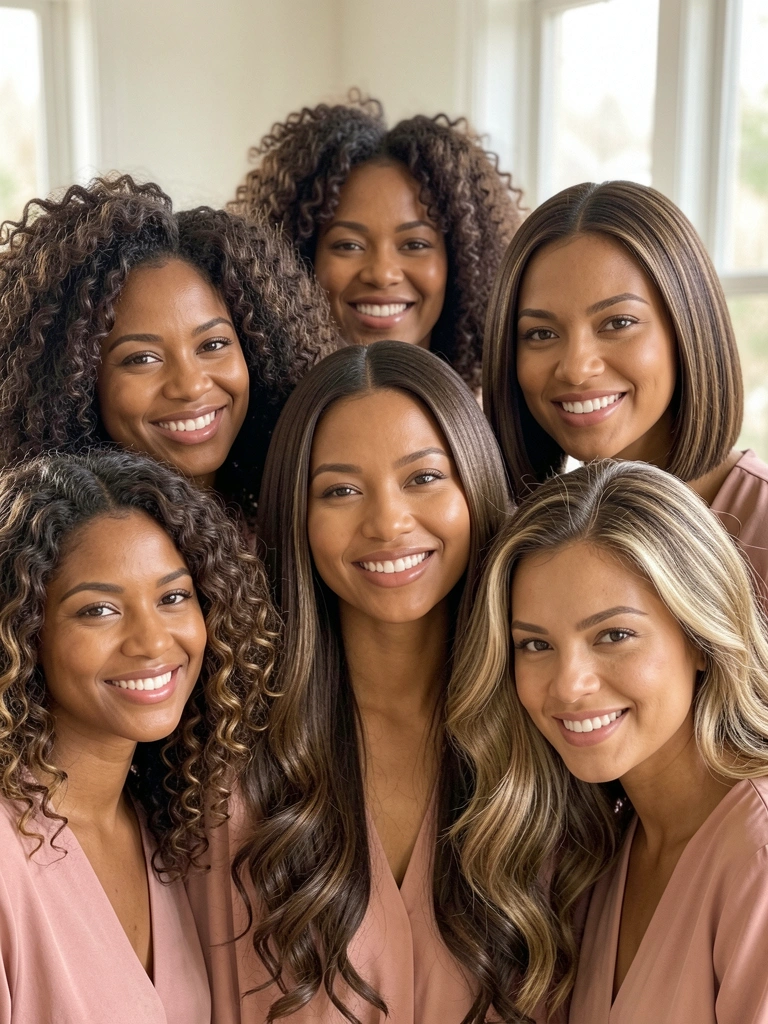 Luz difusa destaca cachos volumosos, bobs lisos e ondas texturizadas em sorrisos genuínos de mulheres diversas com roupas em blush.