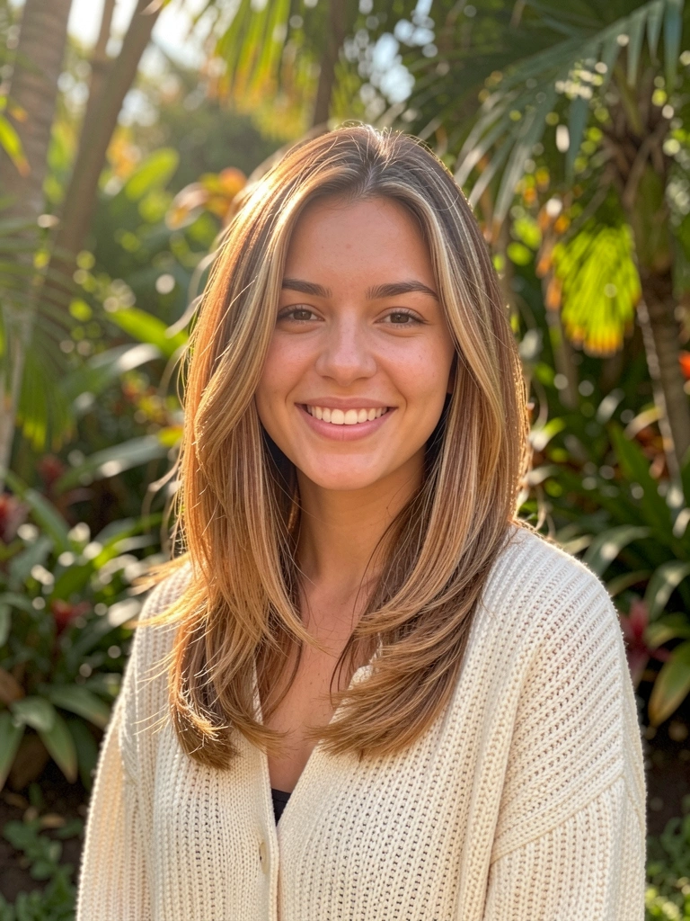 Jovem de cabelo castanho com mechas caramelizadas e ondas naturais, sorrindo em meio a jardim tropical com luz do dia filtrada.