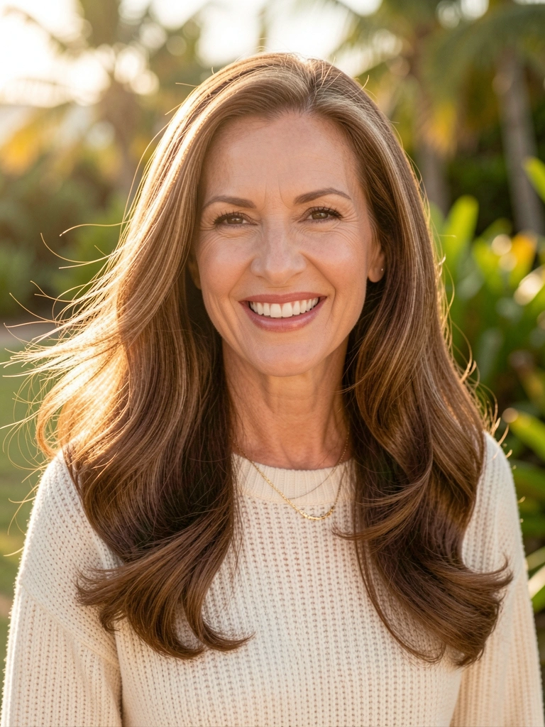 Mulher madura de cabelo castanho com ondas soltas, sorriso espontâneo, suéter creme e colar de ouro, fundo desfocado com vegetação tropical.
