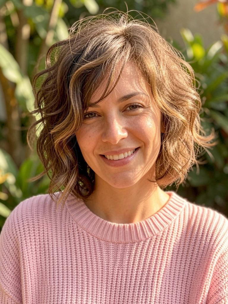 Close-up de mulher com cabelo curto texturizado, bob em camadas, ondas soltas, sorriso genuíno, suéter tricô rosa claro, luz natural, fundo desfocado com verde.