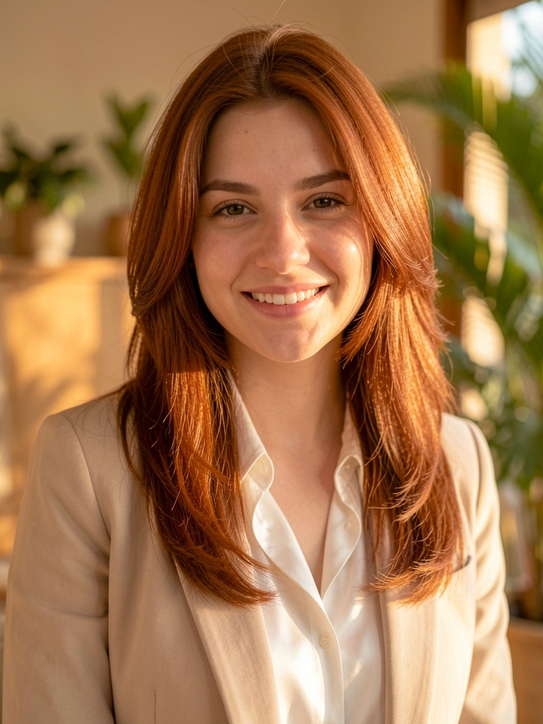 Jovem de cabelo repicado médio, blazer bege, sorriso genuíno sob luz dourada.