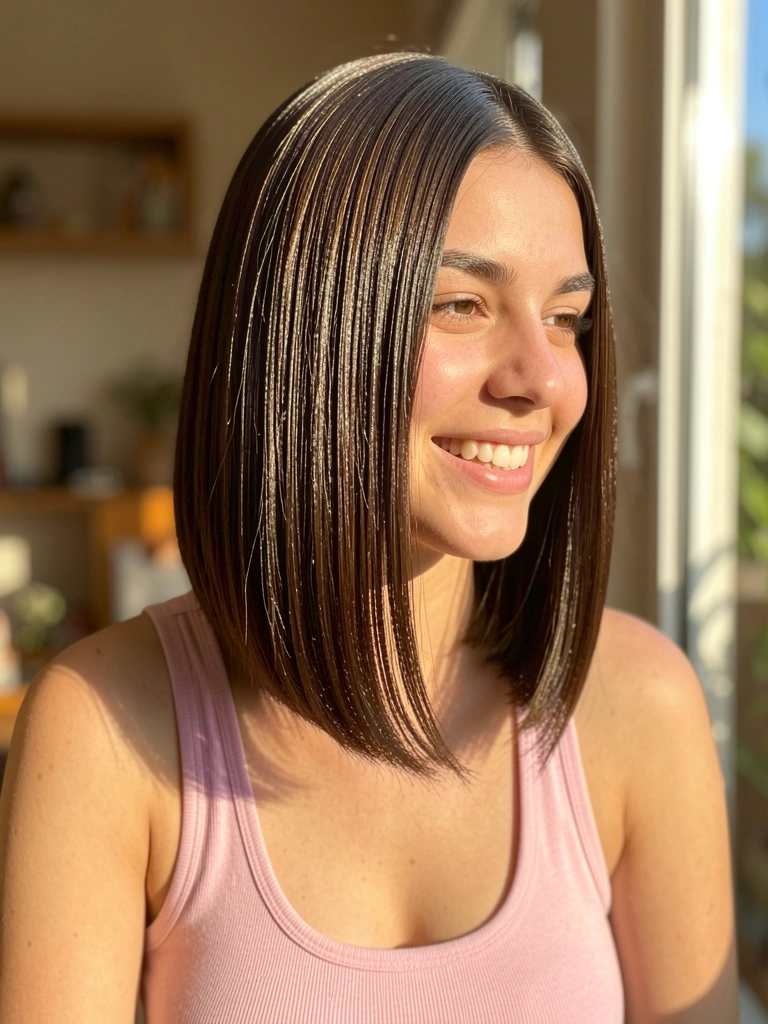 Jovem com cabelo castanho escuro em bob reto, blusa rosa clara, sorriso espontâneo, luz natural difusa de janela.