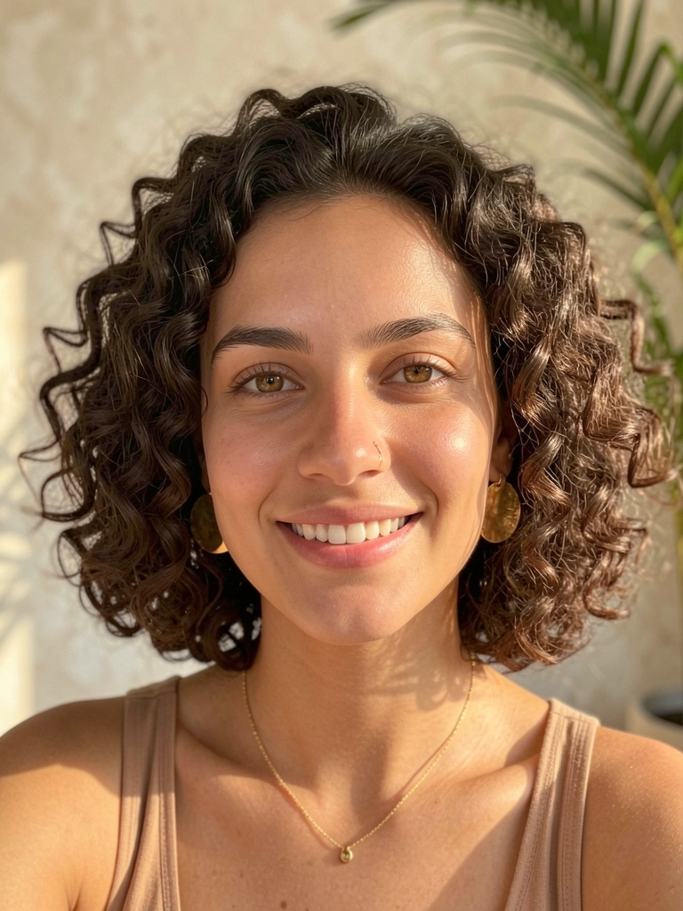 Mulher com cabelo cacheado e bob texturizado, brincos de ouro redondos, sorriso espontâneo sob luz natural, fundo desfocado com planta tropical.