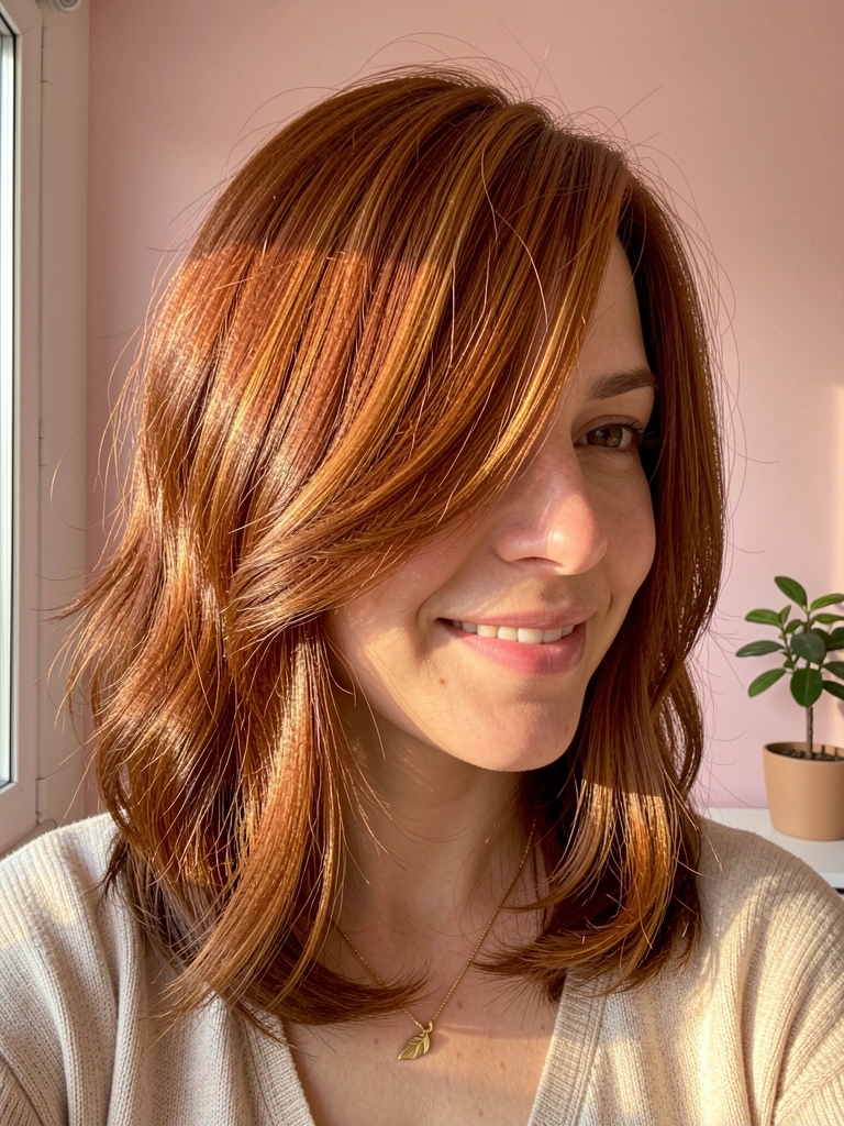 Mulher de cabelo castanho-avermelhado com mechas carameladas, franja lateral e sorriso genuíno, luz natural suave, parede rosa e vaso de planta ao fundo.