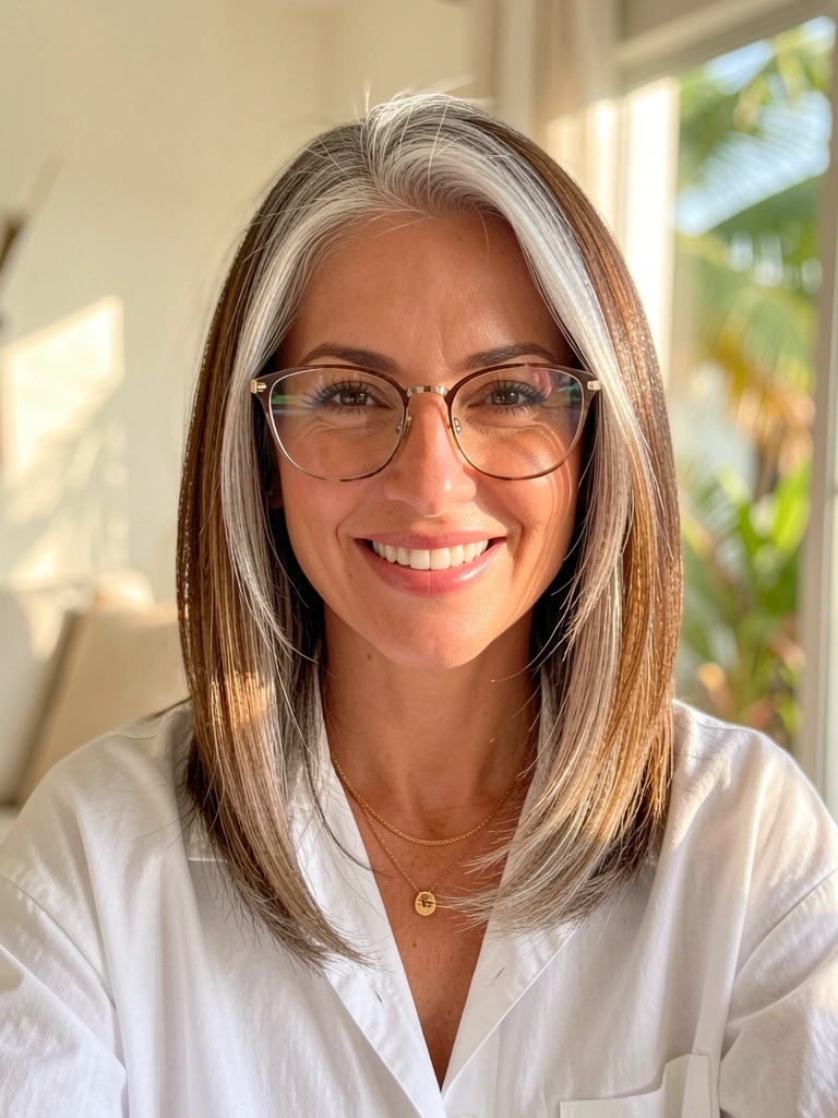 Mulher de cabelo grisalho com corte abaixo do ombro, sorrindo, colar dourado e óculos elegantes em ambiente iluminado por luz natural difusa.