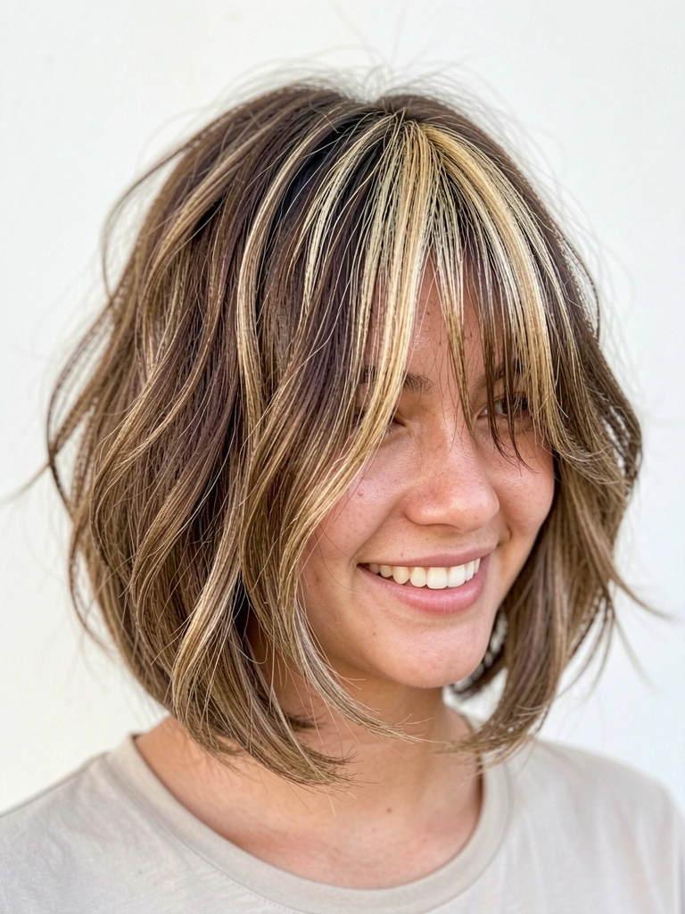 Jovem com cabelo castanho, bob médio, ondas volumosas e texturizadas, com mechas loiras sutis no topo, iluminado por luz natural difusa.
