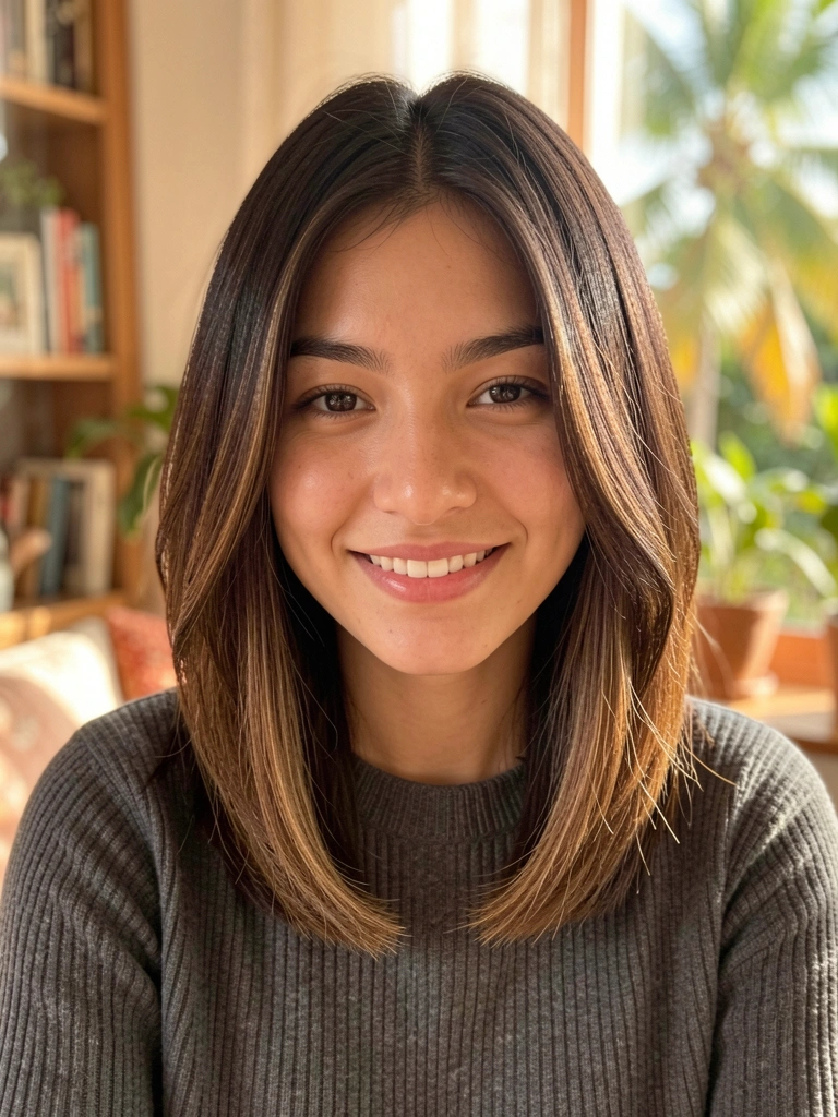Mulher de cabelo castanho escuro em corte blunt com balayage, sorrindo em suéter cinza, fundo desfocado e luz natural suave.