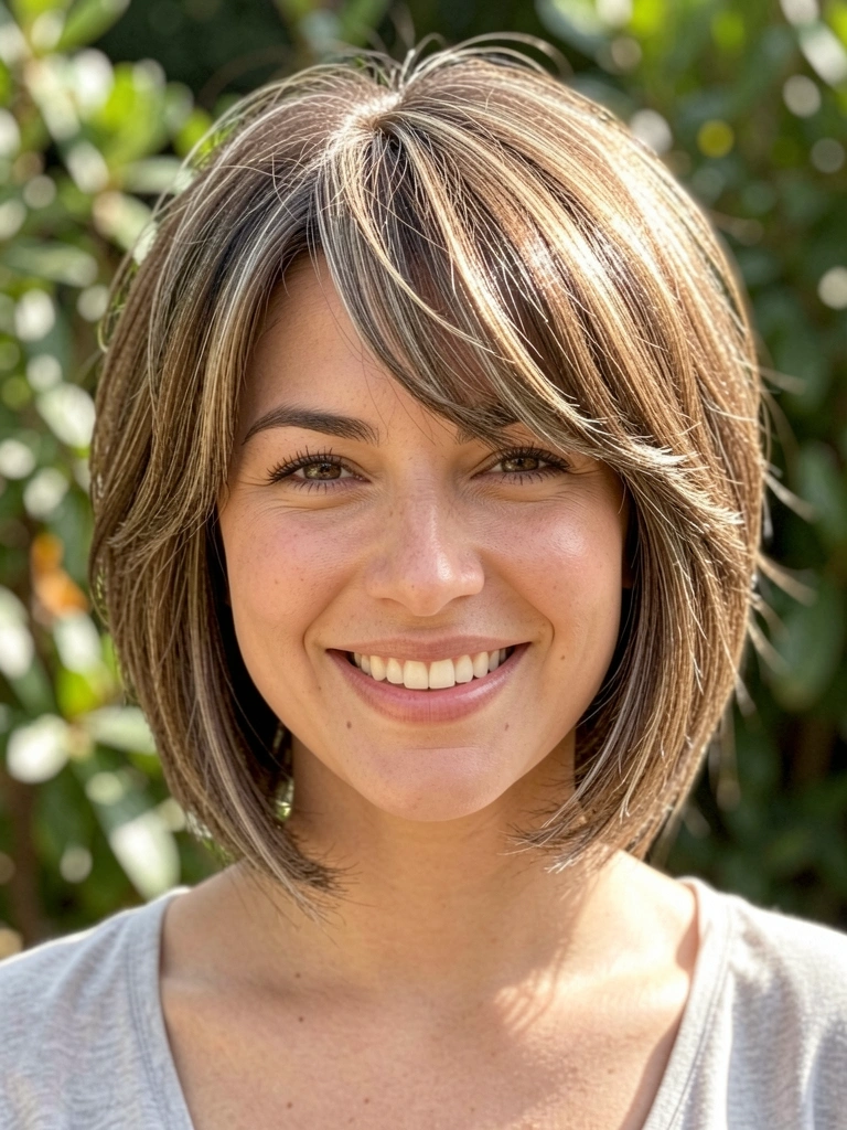 Mulher com bob texturizado e franja lateral, sorriso natural, luz difusa e fundo com verde ao ar livre.