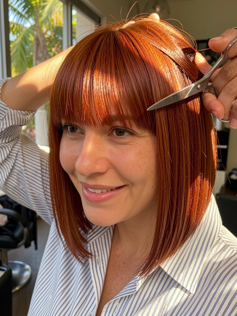 Técnica de corte com tesoura em cabelo ruivo acobreado, camadas texturizadas e franja reta sob luz natural.