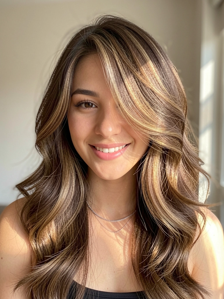 Luz difusa destaca camadas e movimento em cabelo castanho ondulado de mulher com sorriso genuíno, fundo neutro desfocado.