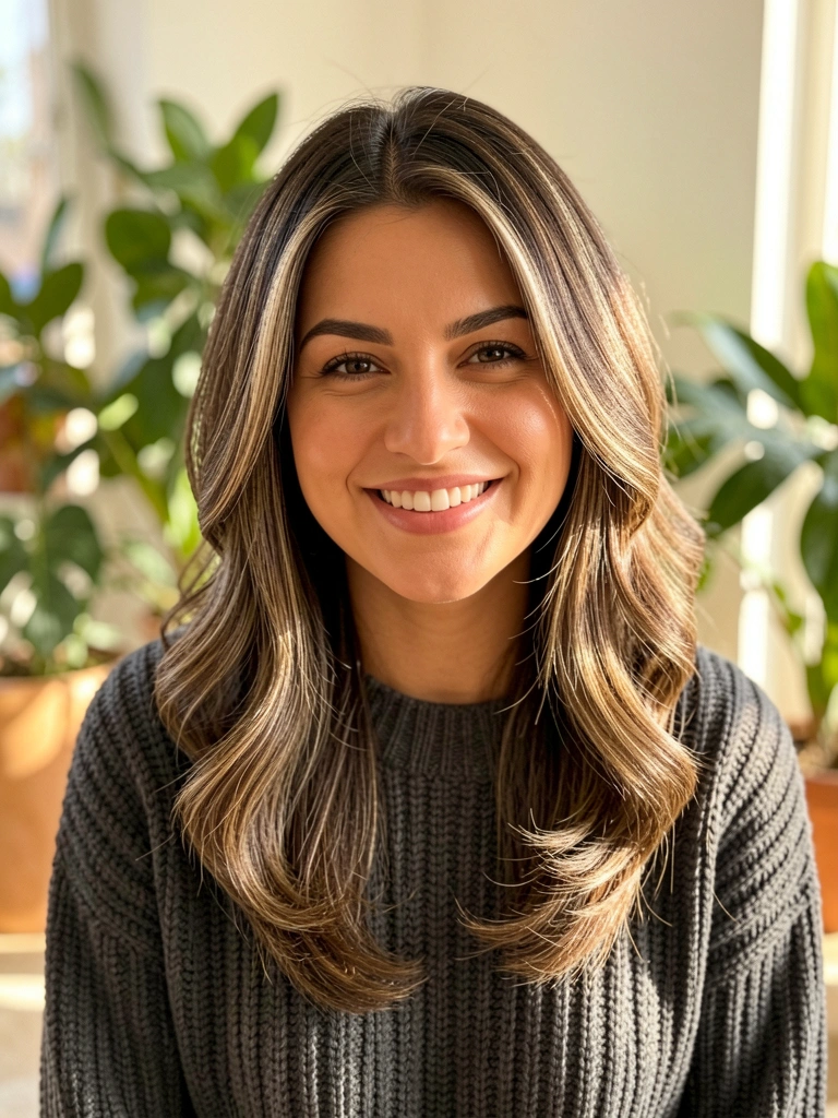Blusa de tricô cinza escuro, ondas suaves no cabelo longo, sorriso caloroso e plantas verdes ao fundo com luz natural.