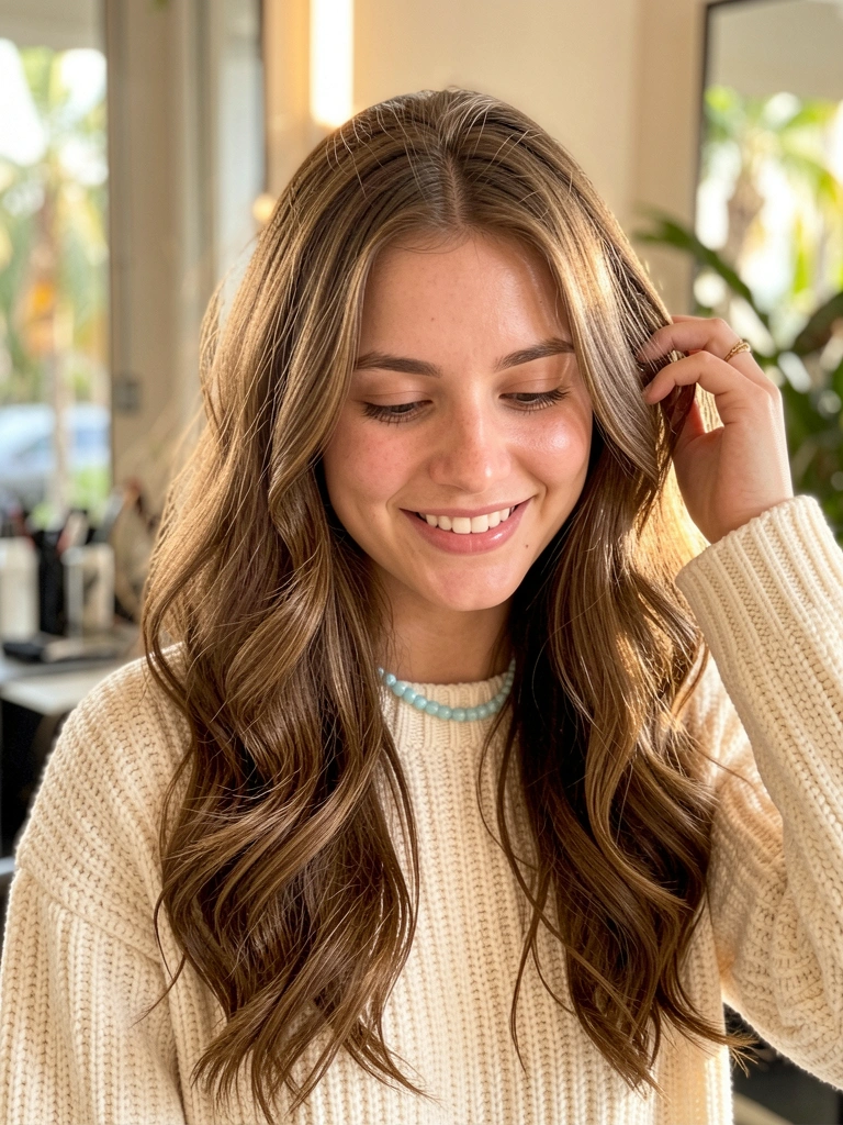 Jovem com cabelo castanho ondulado em corte borboleta, suéter creme e colar azul claro, luz difusa natural em salão.