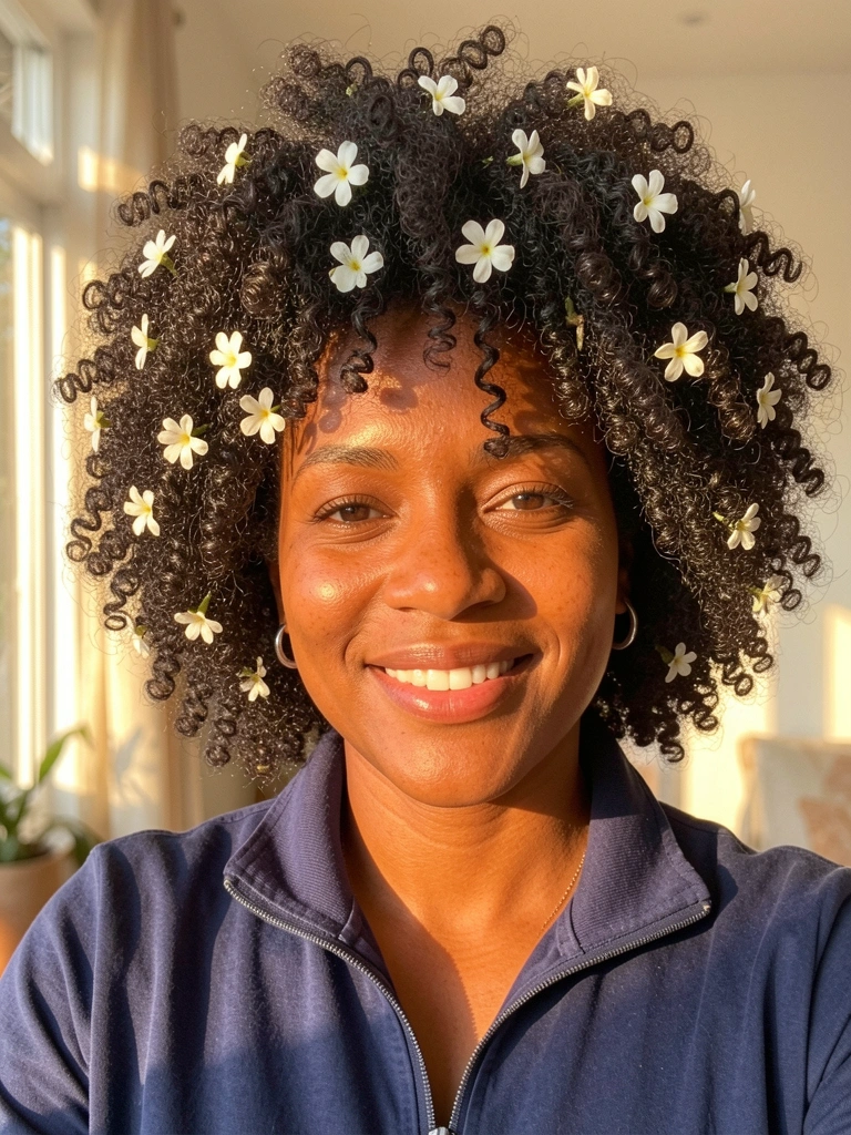 Mulher negra com cabelo afro volumoso trançado com flores brancas, jaqueta azul marinho e brinco de prata, luz natural suave ao fundo.