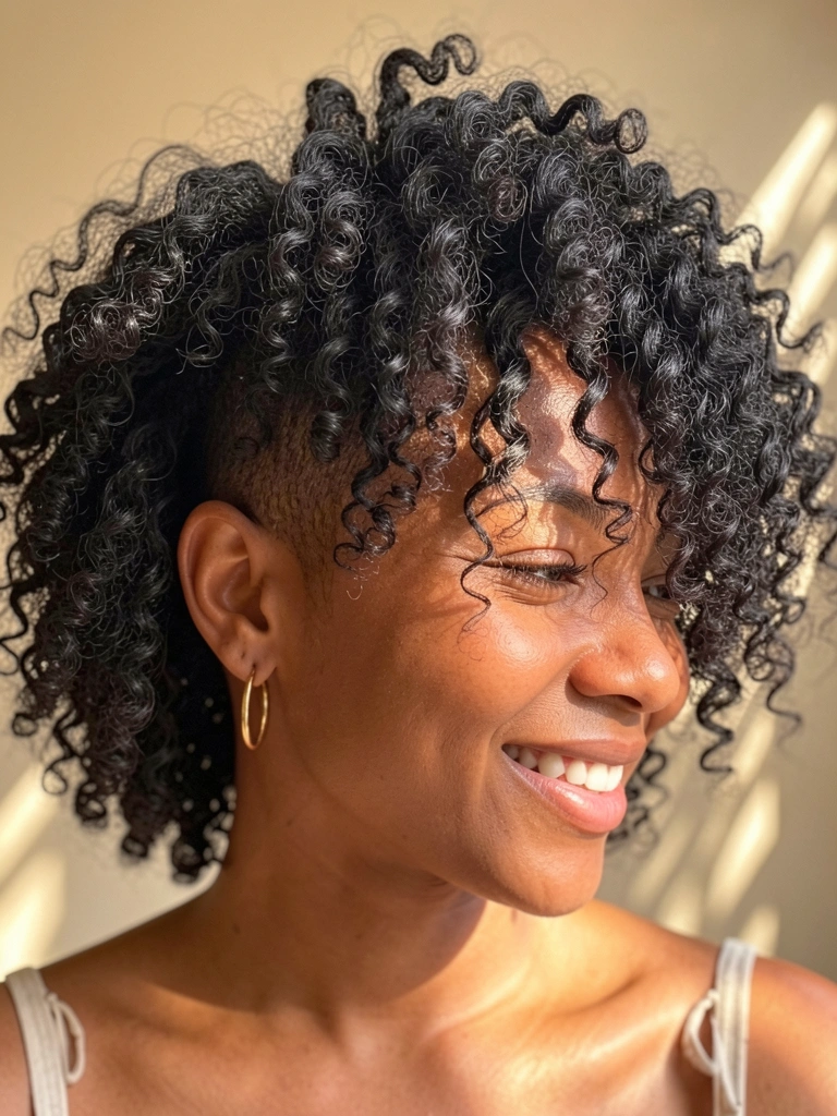 Close-up de mulher com afro volumoso e definido, brinco dourado, luz natural e sorriso radiante.