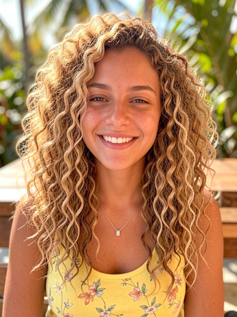 Jovem de cabelo cacheado volumoso, camiseta amarela estampada e colar prateado, sorrindo sob luz natural ao ar livre.