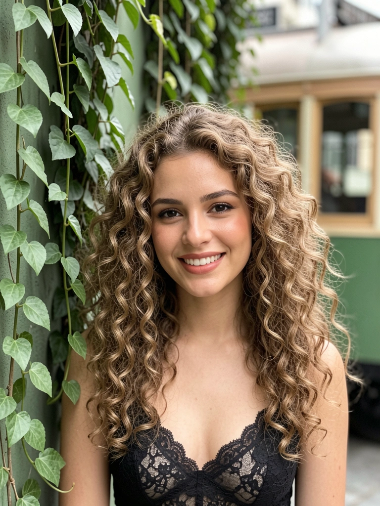 Mulher com cabelos cacheados castanhos claros e sorriso natural, usando top de renda preta, com folhagens verdes e um bondinho vintage desfocado ao fundo.
