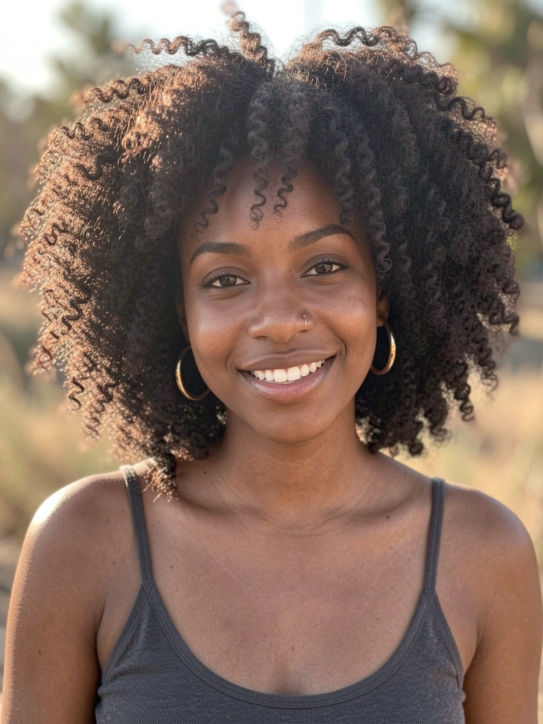 Mulher negra com cabelo afro volumoso, brincos dourados e sorriso genuíno, iluminação natural suave ao ar livre.