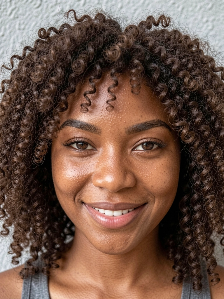 Jovem negra com cabelo crespo volumoso e detalhado, pele radiante com textura visível, sorriso genuíno sob luz natural difusa contra parede cinza clara texturizada.