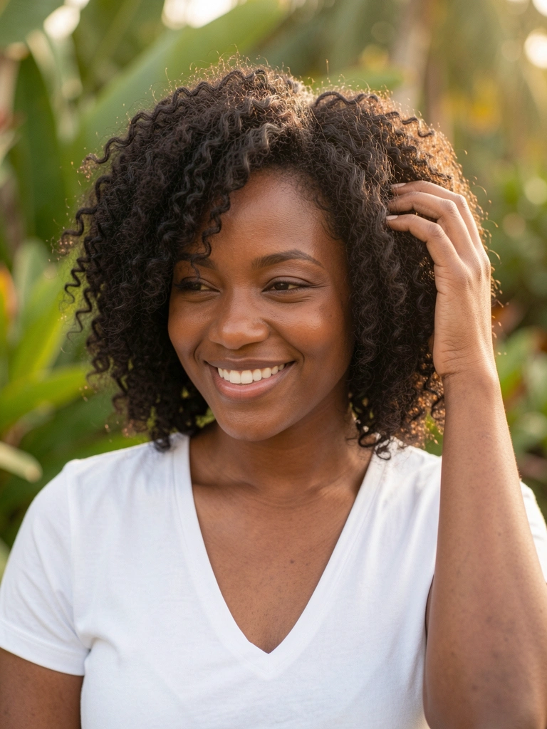 Mulher negra com cabelo crespo volumoso em corte bob, sorriso genuíno, luz natural dourada, fundo verde desfocado.