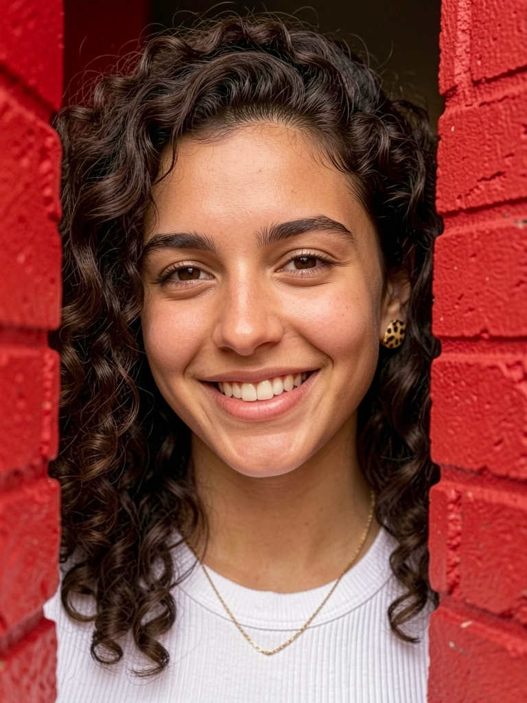 Mulher com cabelo cacheado escuro, sorriso genuíno, colar dourado fino e brinco de oncinha, parede de tijolos vermelhos ao fundo com iluminação suave.