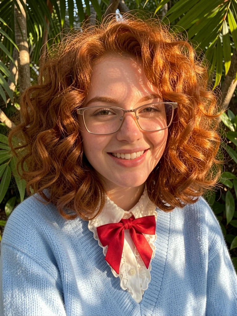 Jovem com cabelo cacheado ruivo volumoso, óculos retangulares e gravata borboleta vermelha, luz solar filtrada por folhas, suéter azul claro e blusa branca de babados.