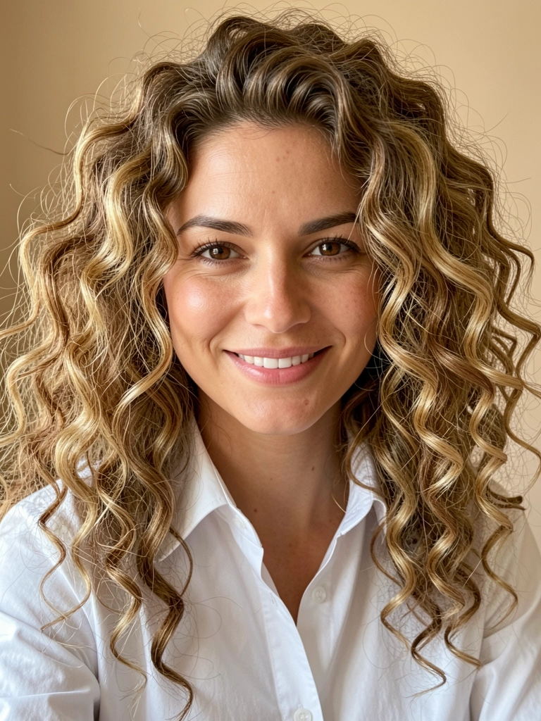 Close-up de mulher com cabelos cacheados ondulados castanho-claros e dourados, blusa branca, fundo bege, luz natural suave