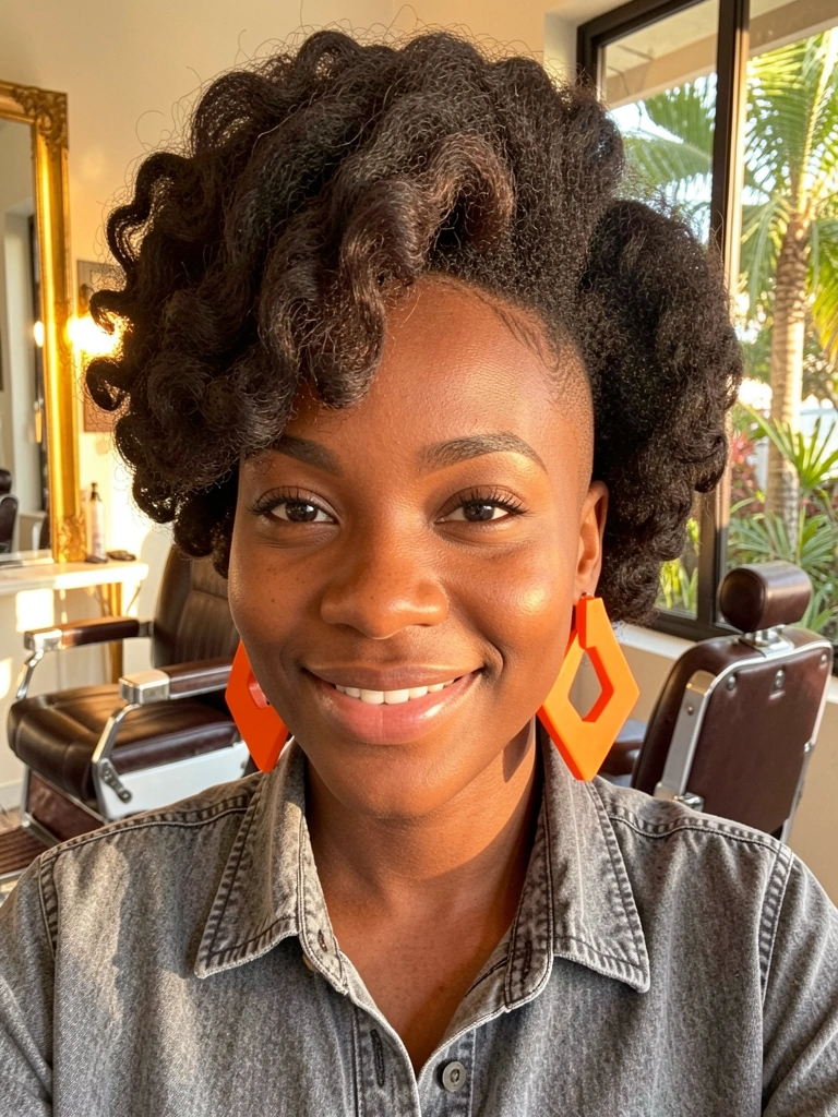 Jovem negra com cabelo afro texturizado, undercut e cachos laterais, brincos laranja geométricos e camisa jeans cinza, luz dourada e cadeira de barbeiro vintage ao fundo.