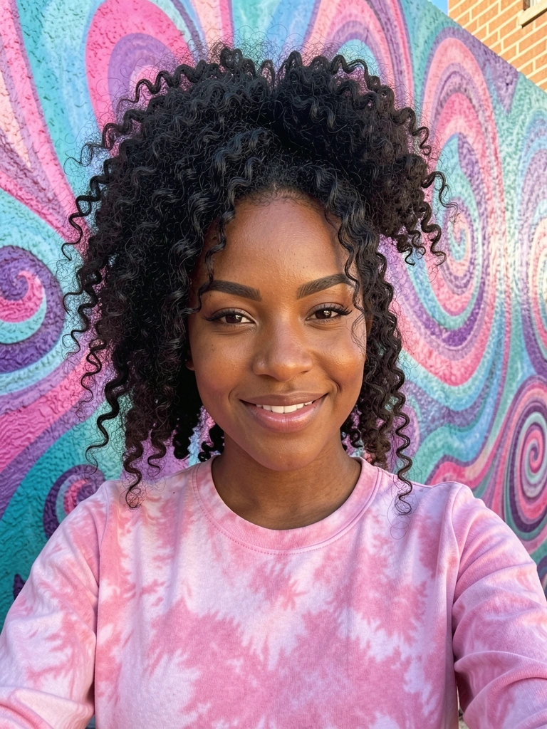 Jovem negra com cabelo cacheado volumoso em alto coque, camisa tie-dye rosa, sorrindo em frente a mural colorido com padrões ondulados em rosa, roxo e azul-petróleo, sob céu azul.