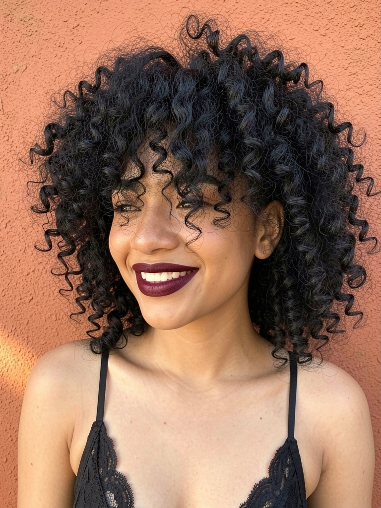 Jovem com cabelo cacheado volumoso e undercut, usando bralette de renda preta e batom vinho, parede terracota iluminada por luz natural difusa.