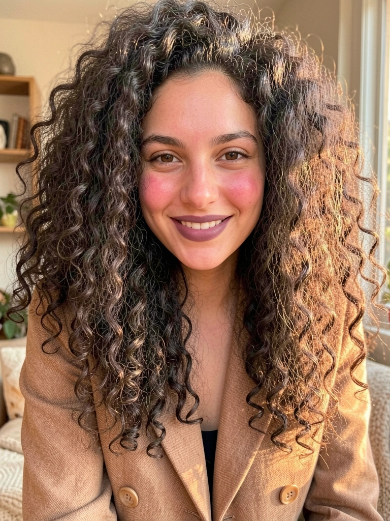 Mulher com cabelo cacheado volumoso, blazer marrom texturizado e sorriso espontâneo, luz natural dourada ao fundo.