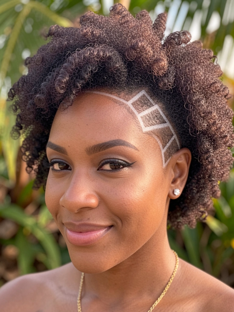 Close-up de uma mulher negra com afro texturizado, undercut geométrico com linhas brancas, colar de ouro fino e brinco de diamante, luz natural difusa e fundo desfocado com verde tropical.