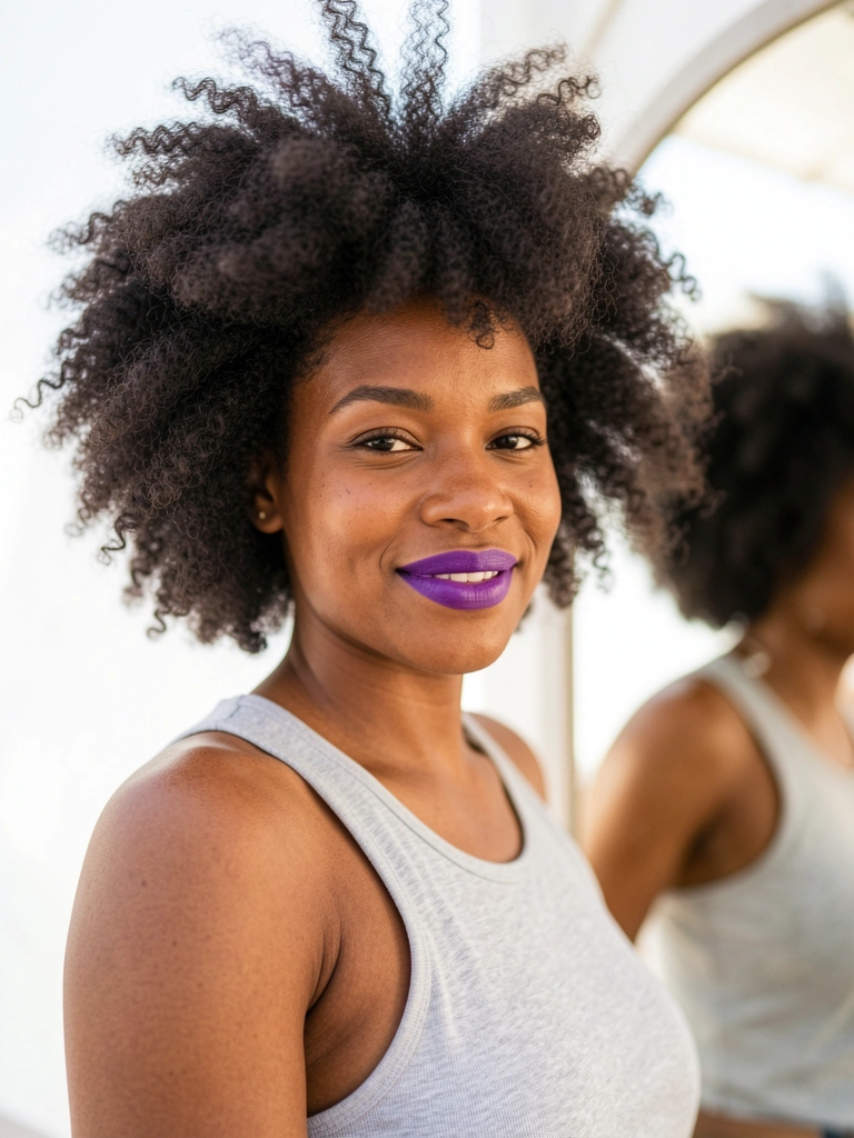 Mulher negra com afro volumoso, camiseta cinza, batom roxo, fundo branco desfocado, luz natural suave.
