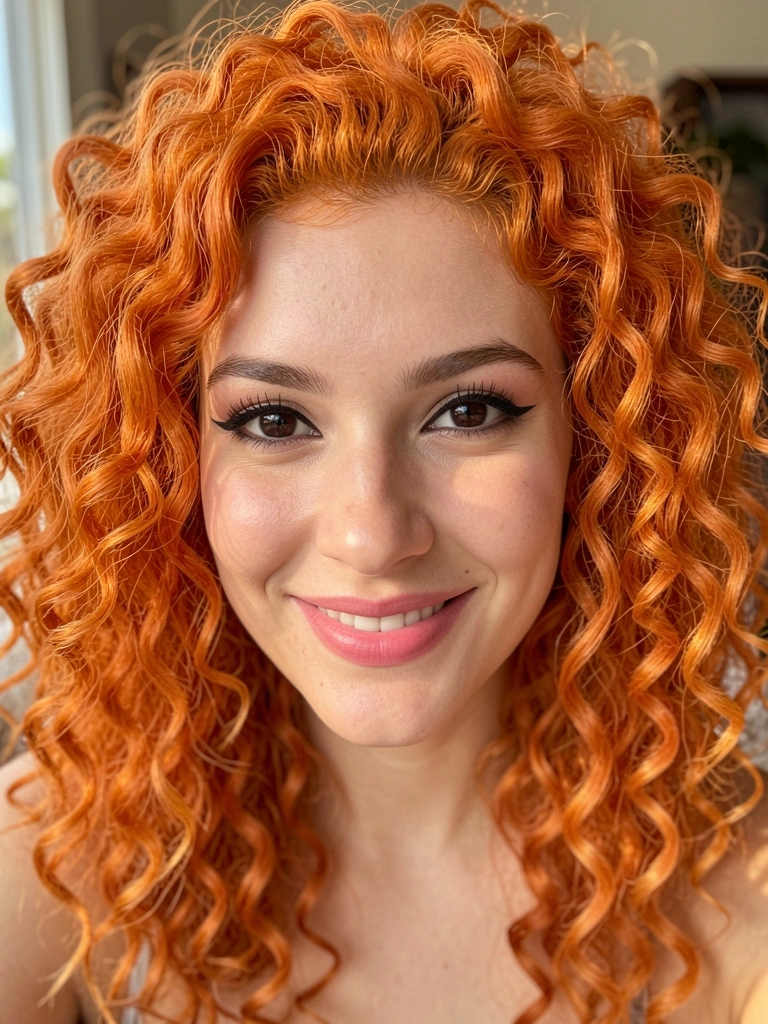 Jovem com cabelo cacheado laranja intenso, delineado preciso e sorriso natural sob luz suave.