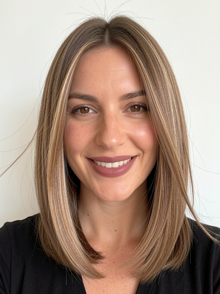 Mulher com cabelo castanho claro em bob reto moderno com luz difusa natural contra parede branca.