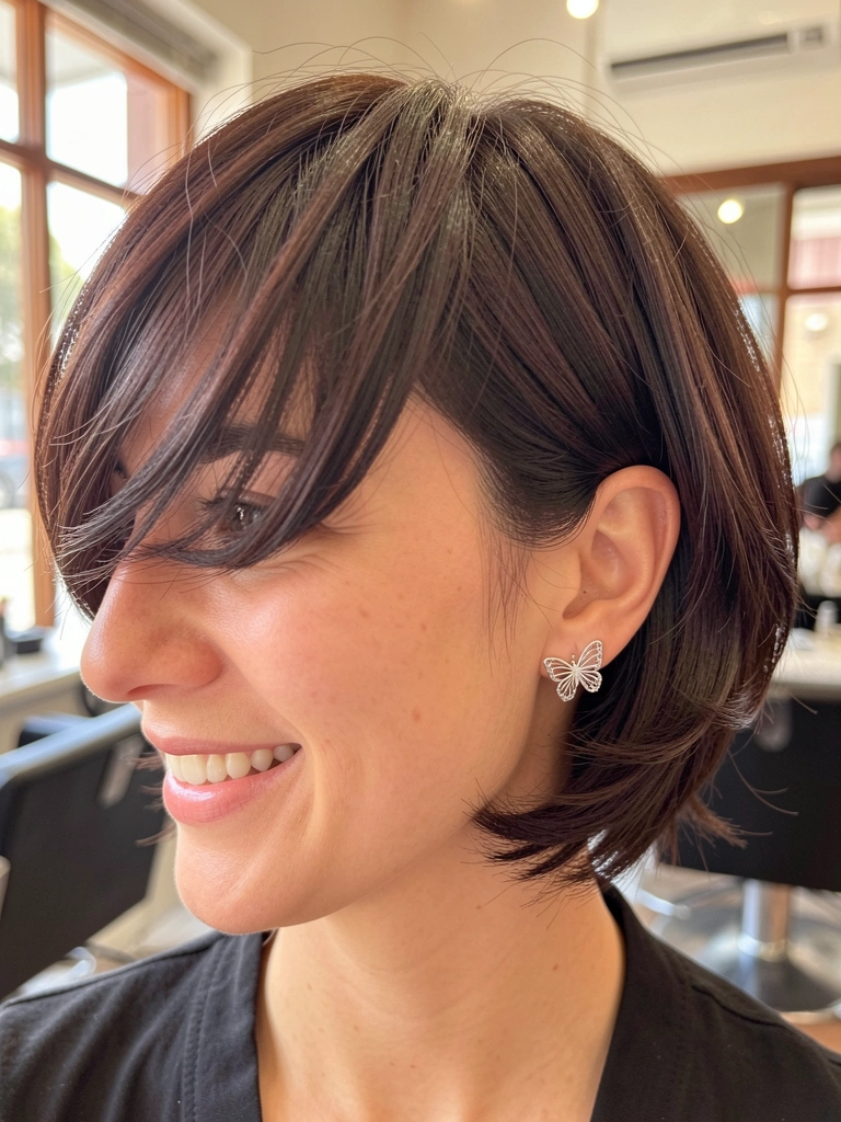 Close-up de mulher com cabelo castanho escuro em ondas suaves e brinco de borboleta prateado, luz natural difusa e fundo de salão desfocado.
