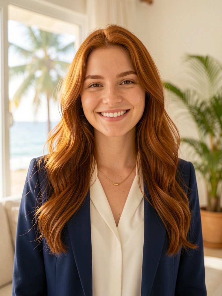 Mulher de cabelo ruivo ondulado e blazer azul marinho, sorrindo em ambiente claro e arejado com luz difusa.