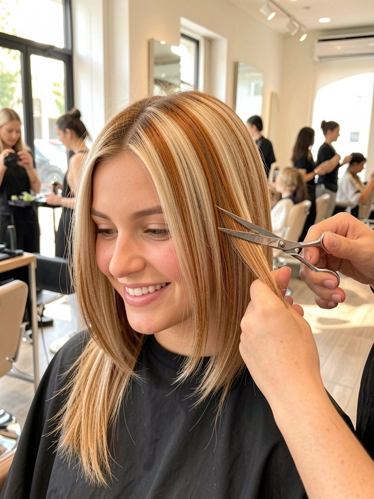 Tesoura prateada cortando fios loiros com reflexos caramelos em cabelo liso, moça sorrindo, salão iluminado por luz natural.