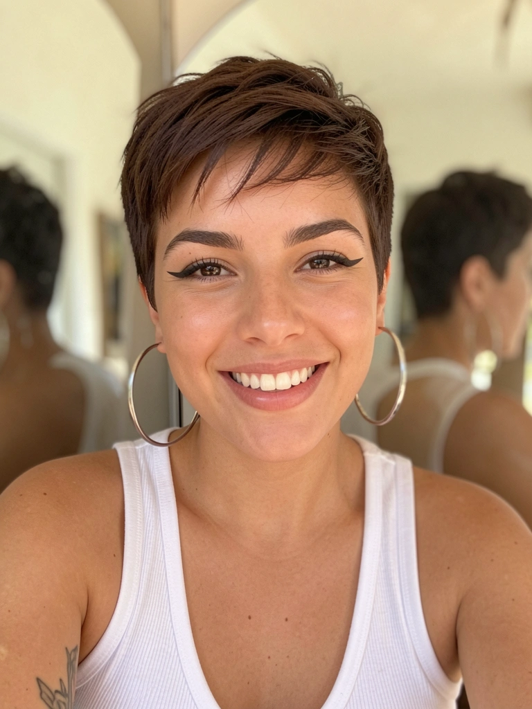 Close de jovem com cabelo curto texturizado castanho escuro, brincos argola prateados e sorriso natural, luz difusa e fundo levemente desfocado.