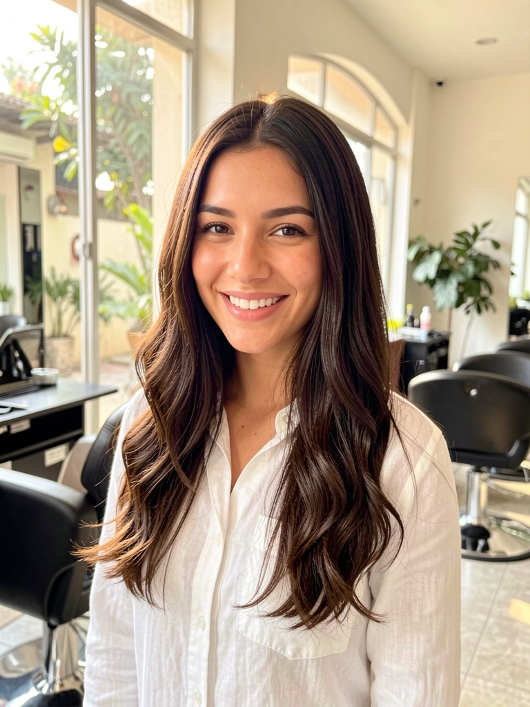 Mulher jovem de cabelos castanhos ondulados e camisa branca, sorrindo, em salão com luz natural e cadeiras modernas.