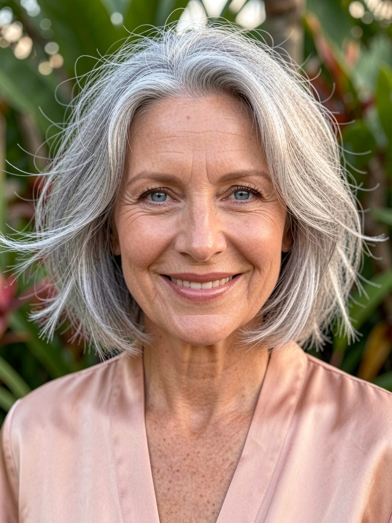 Close-up de mulher madura com cabelo grisalho em corte bob texturizado, blusa de seda blush e olhos azuis, sob luz suave em jardim tropical.