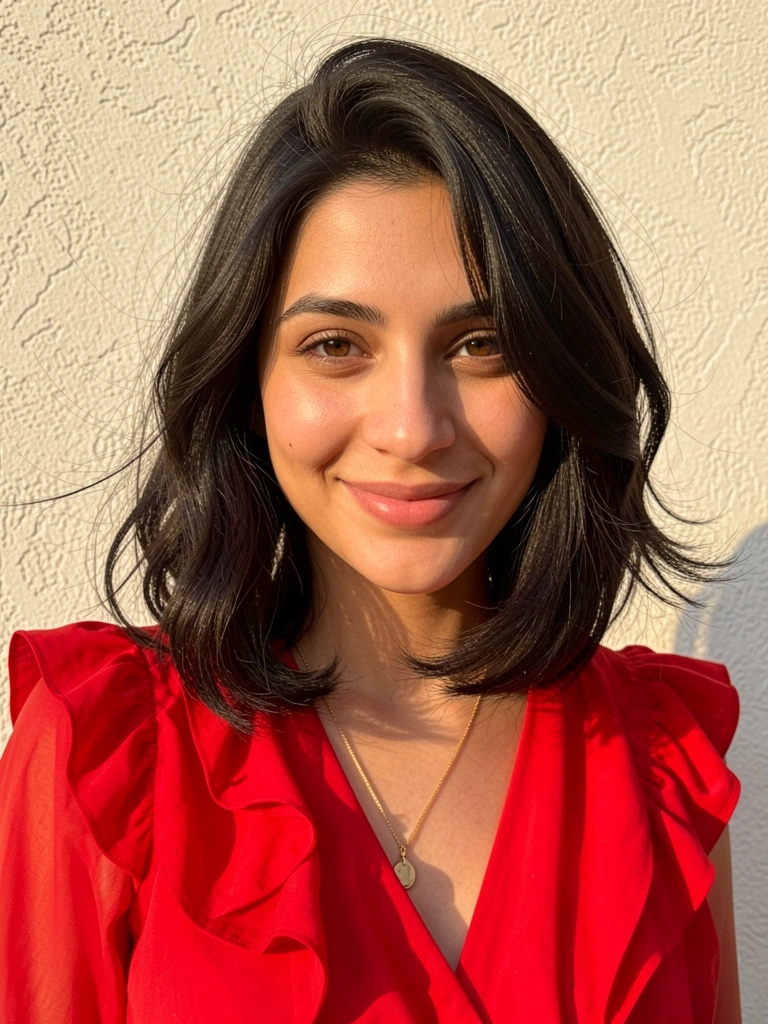 Jovem com cabelo liso em corte bob assimétrico, blusa vermelha de babado e colar dourado, sorrindo sob luz natural contra parede clara.