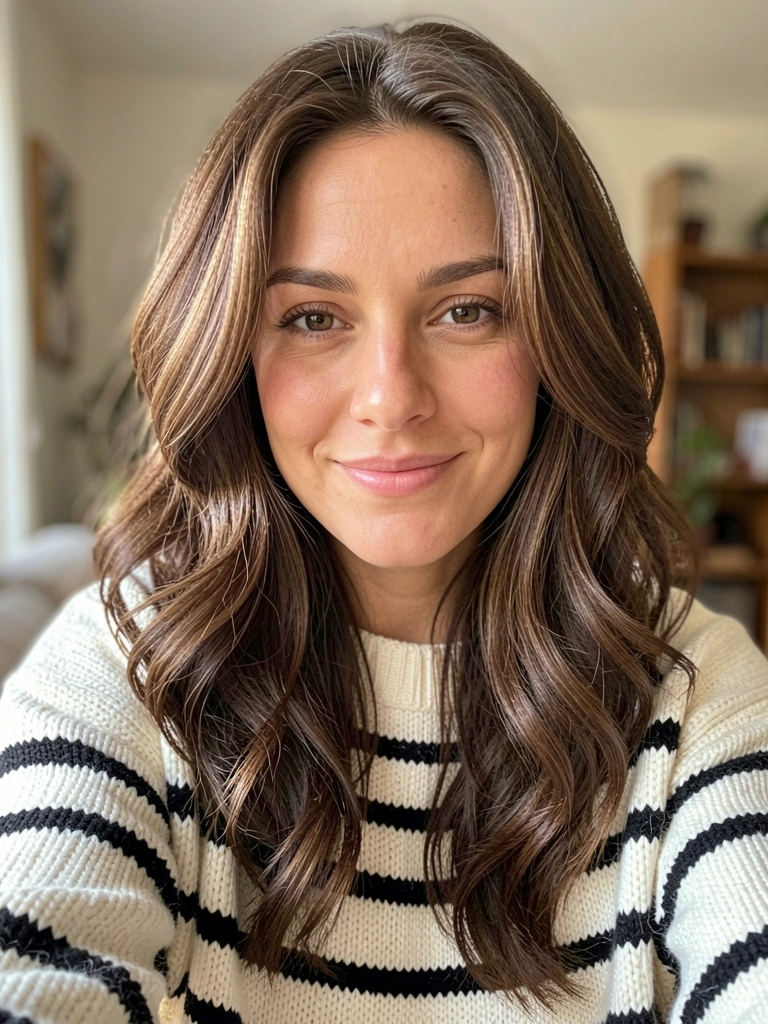 Close-up de mulher com cabelo castanho ondulado e camisa listrada, sorriso sutil sob luz natural suave.