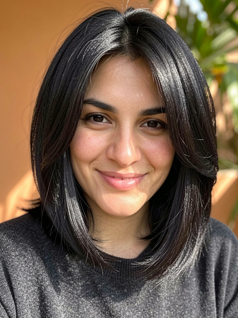Close-up de uma mulher de cabelo médio liso com ondas suaves, franja em camadas, sorrindo com luz natural difusa e fundo desfocado.